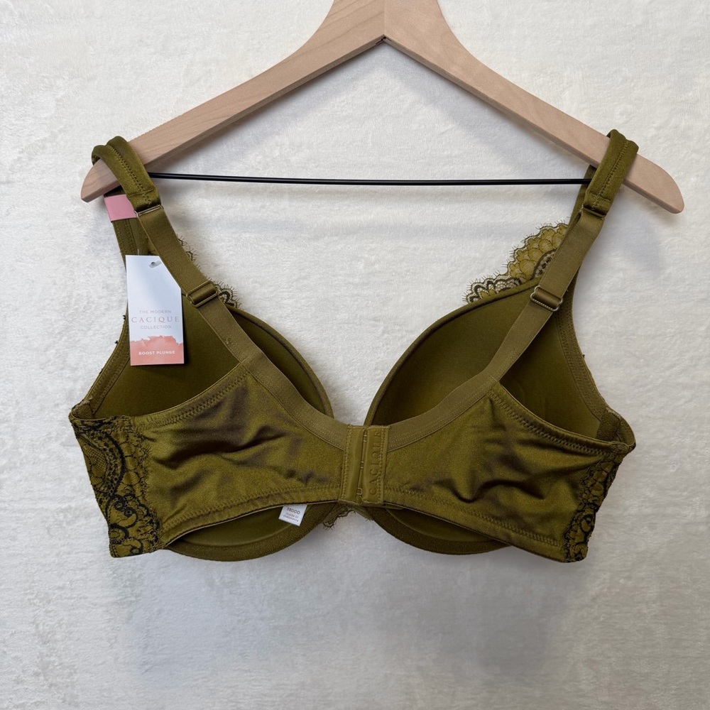 Cacique 38DDD Boost Plunge Bra Olive Green Black Lace NWT Lane Bryant - Picture 3 of 9